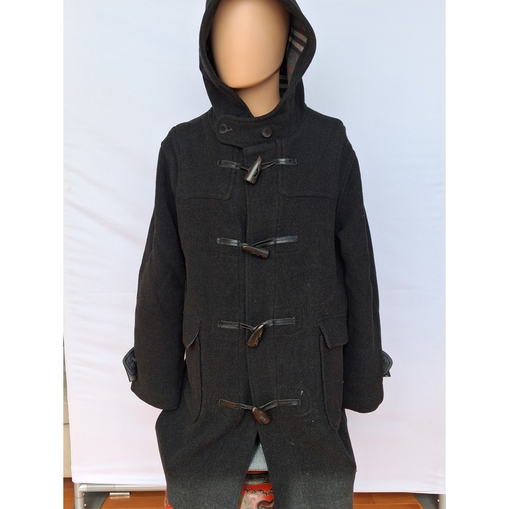 Tough Jeans Mens Charcoal Grey Wool Blend Plaid Lined Hooded Duffle Coat Size M